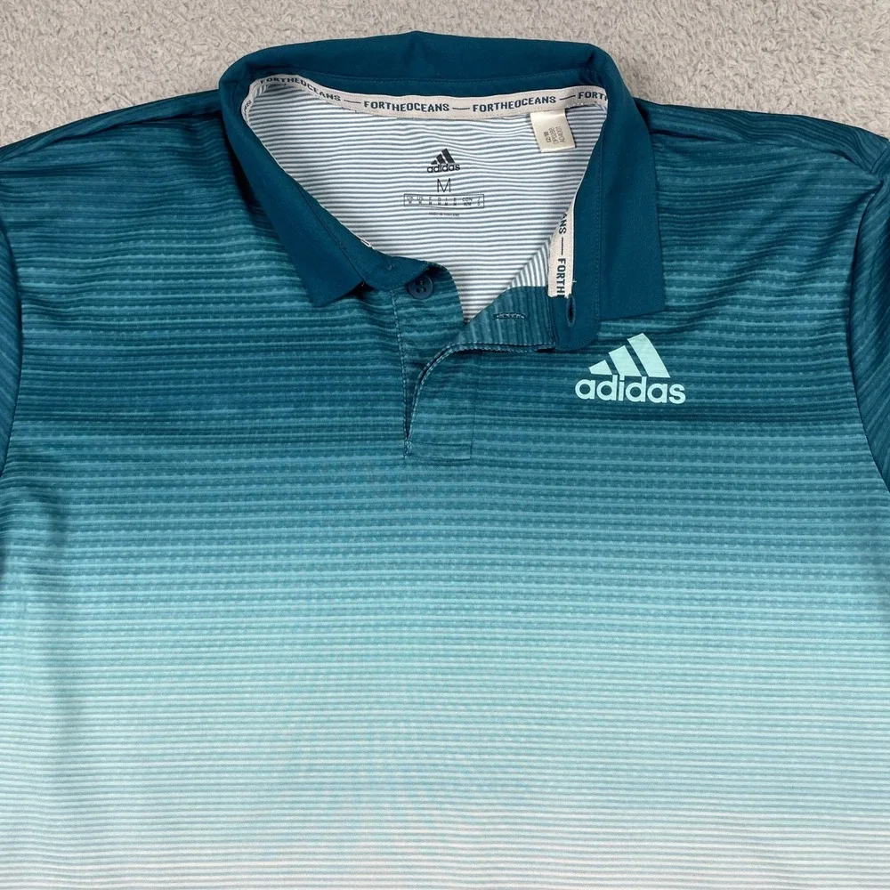 Adidas Parley Golf Polo Mens Medium Blue White Ombre Striped Short Sleeve Shirt